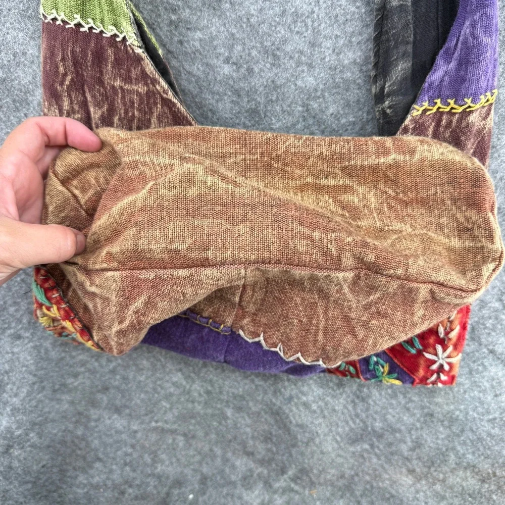 Made in Nepal Boho Patchwork Hobo Bag‎ Womens Multicolor Peace Sign Embroidery